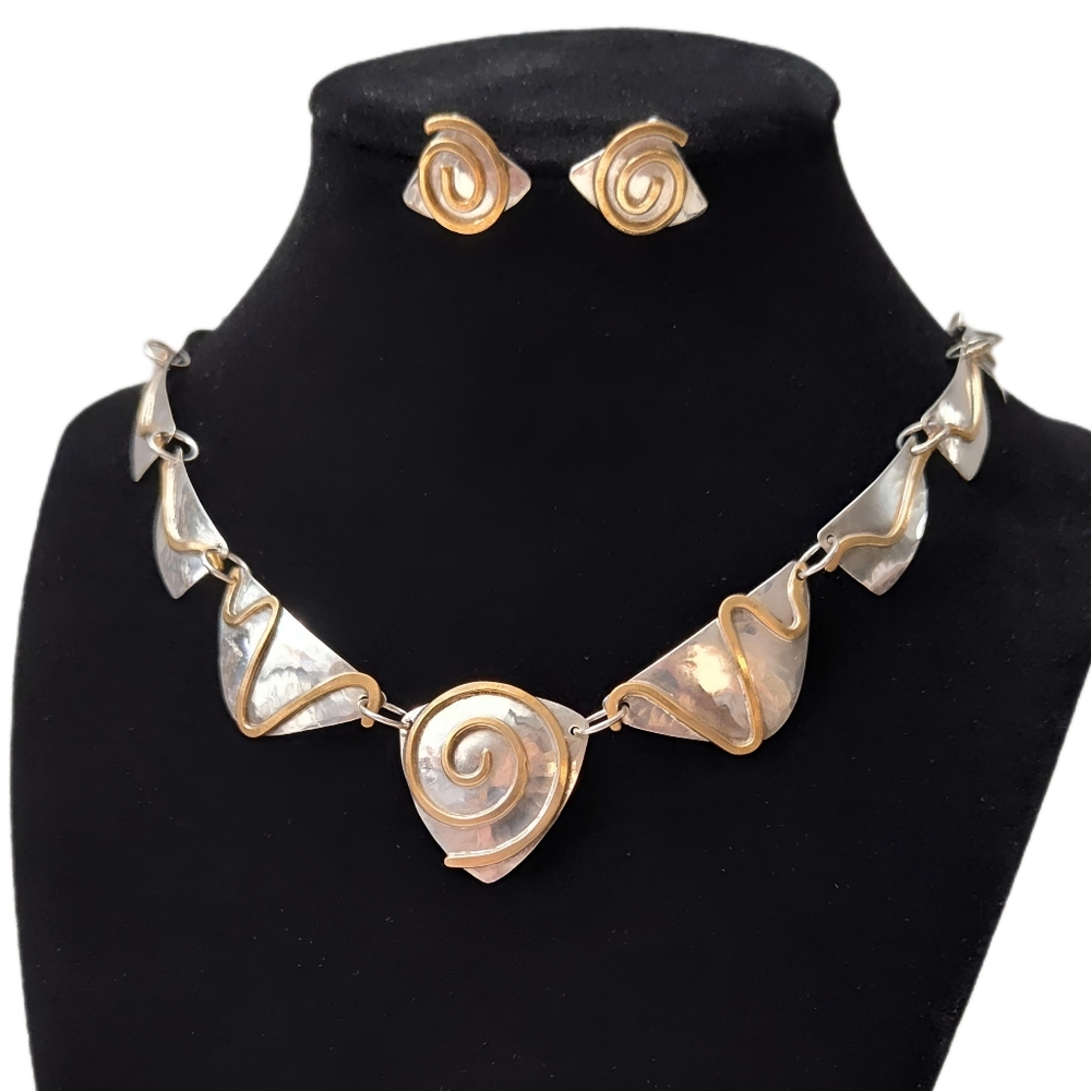 Vintage Sterling Silver Bronze Swirl Hand wrought Modernist Necklace Earring Set